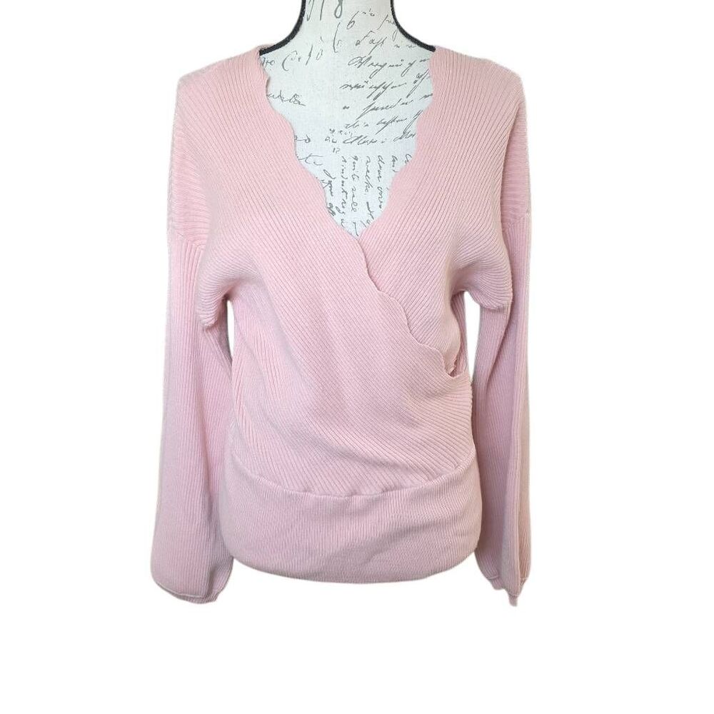 Express Women's Size Large Pink Ribbed Surplice Scalloped Neckline Sweater